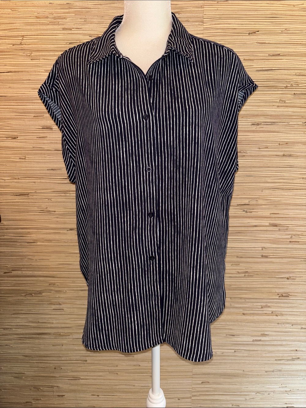 Adrianna Papell Navy and White Striped Button-Down Top large EUC!
